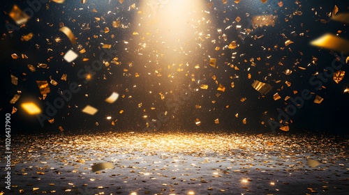 1. **Celebration Atmosphere**: Create an image of a festive stage at night, adorned with golden confetti raining down and a dramatic light beam illuminating the center. The empty room should provide photo