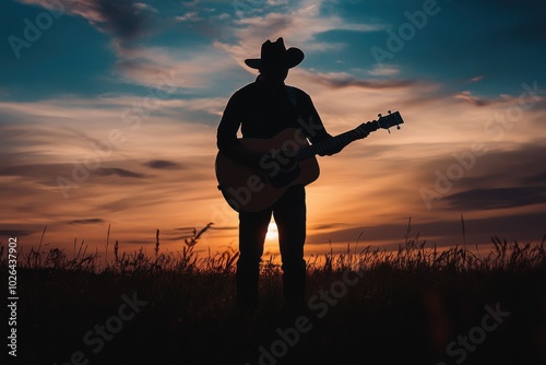 Silhouette of a man with a guitar at sunset, dark sky with vibrant clouds.
