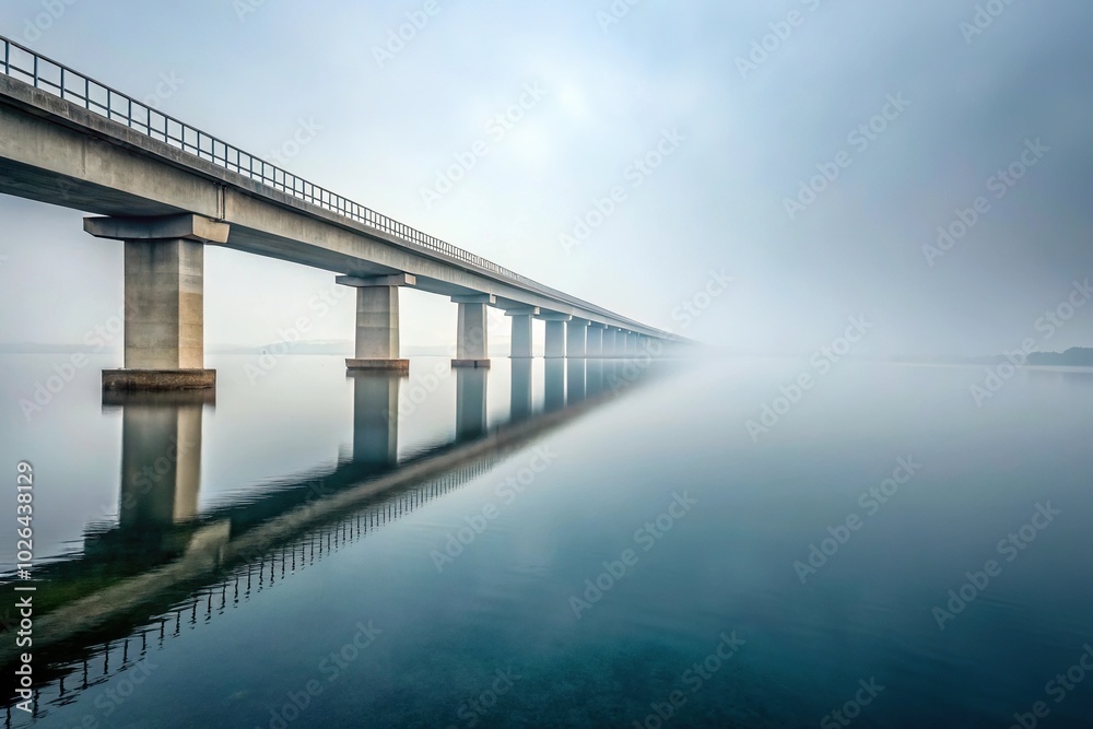 Panoramic long bridge over calm water in foggy weather Panoramic long bridge over calm water in foggy weather