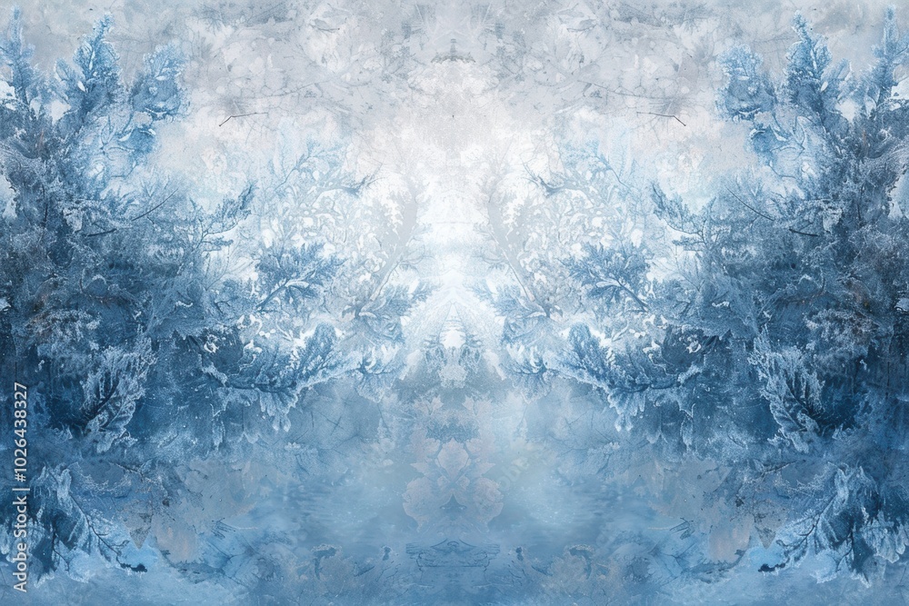 Fototapeta premium Frosty Window Design with Ice Patterns in Blue and Grey Tones - Ideal for Winter Themed Posters or Cards