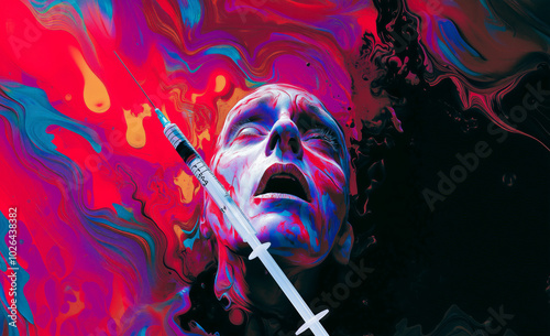 A man, lost in addiction, is depicted in a hyper-realistic pop-style artwork, holding a syringe filled with liquid against a swirling background of vibrant colors.