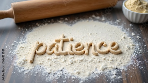 Word patience in sugar on counter with baking supplies