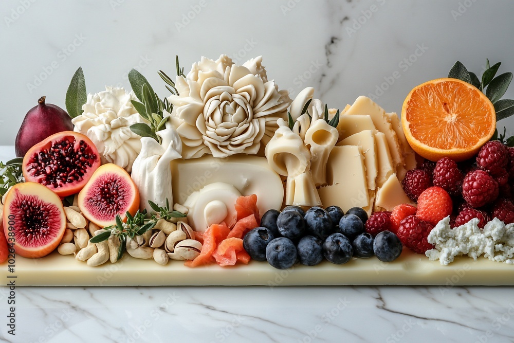 A beautiful charcuterie board with a variety of cheeses, fruits, and nuts, set against a marble background. A beautiful charcuterie board with a variety of cheeses, fruits, and nuts, set against a marble background.