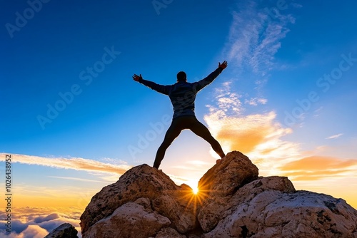 Athlete in an X-shape stance at the top of a mountain, with arms and legs stretched wide, silhouetted against a stunning sunrise, symbolizing strength and freedom