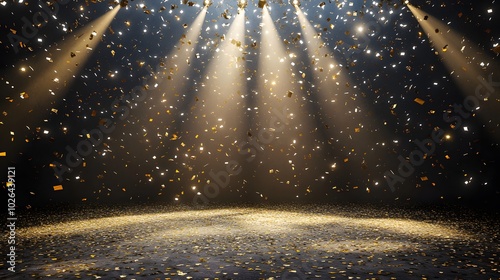 1. **Celebratory Stage**: Create a scene of a festive stage at night, featuring golden confetti cascading from above, with a dramatic light beam spotlighting the center. The empty room should provide photo