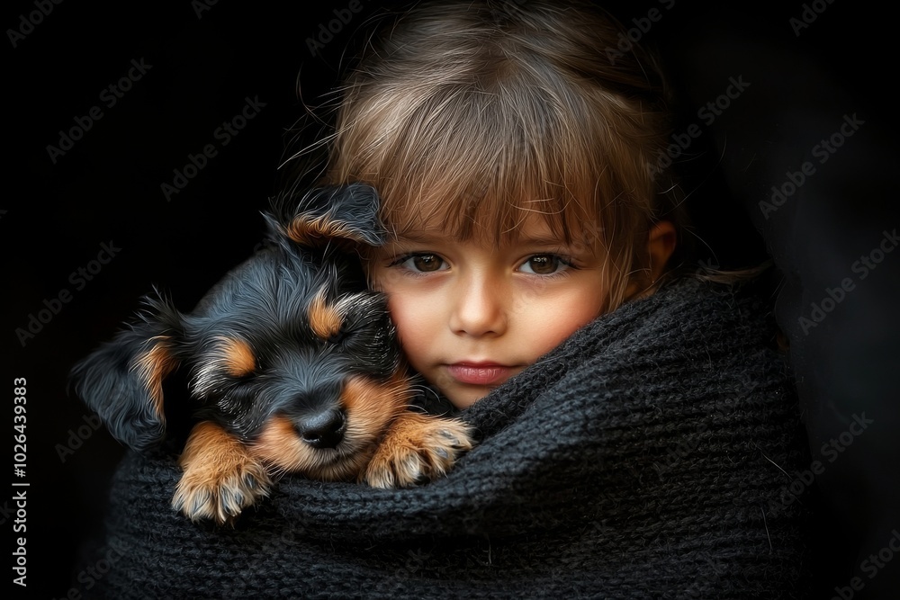 A young girl with brown hair snuggles a small puppy in a cozy black blanket, radiating warmth and affection. A young girl with brown hair snuggles a small puppy in a cozy black blanket, radiating warmth and affection.