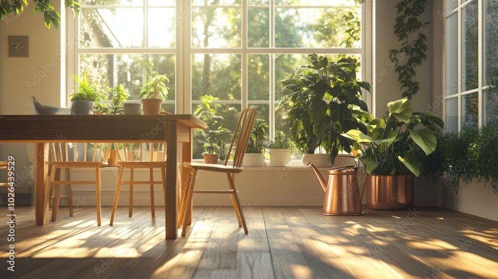 Obraz premium Bright, serene interior with plants and wooden furniture.