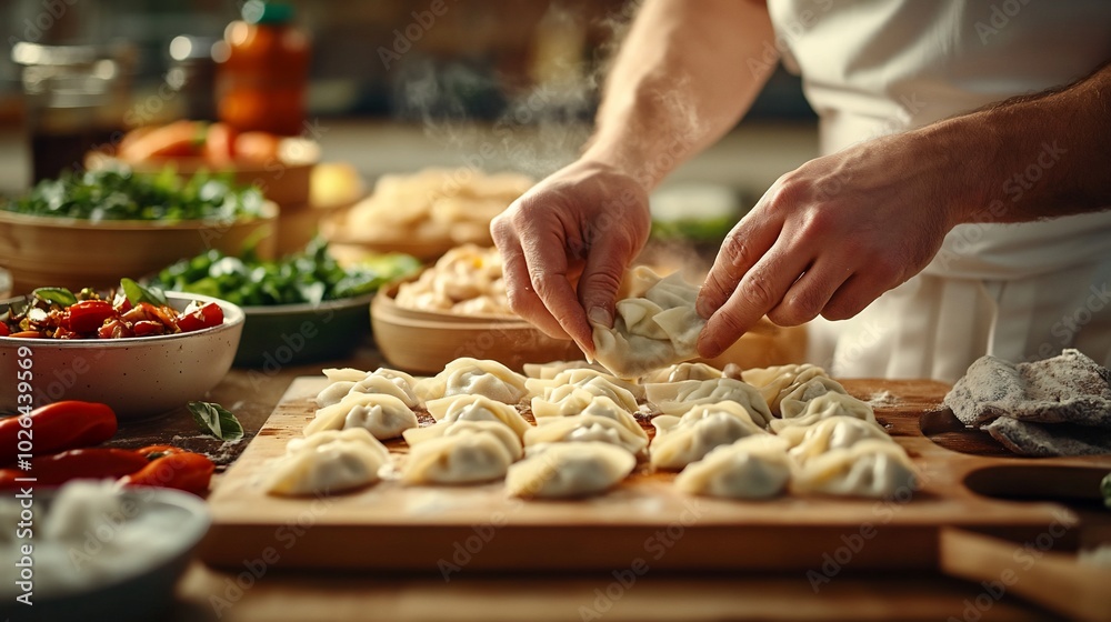 A chef prepares a meal of dumplings, folding the dough and preparing them for cooking. A chef prepares a meal of dumplings, folding the dough and preparing them for cooking.