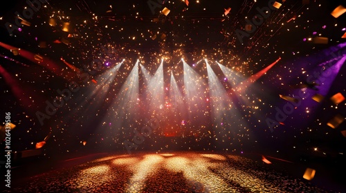 2. **Glamorous Event Atmosphere**: Illustrate a vibrant stage setup adorned with shimmering golden confetti falling through the air, accompanied by a focused light beam cutting through the darkness.