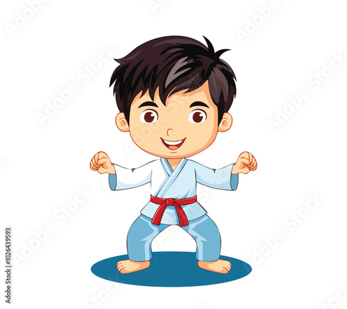 Cute little karate boy in karate pose vector illustration design