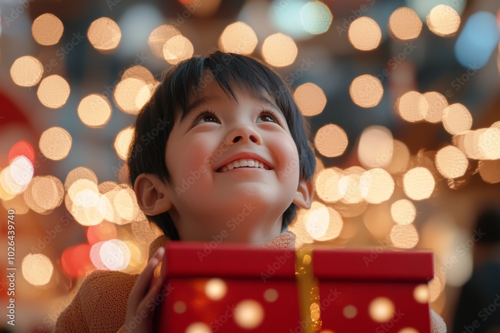 A joyful young Asian boy gazes upwards with a smile, holding a bright red gift against a backdrop of shimmering lights. A joyful young Asian boy gazes upwards with a smile, holding a bright red gift against a backdrop of shimmering lights.