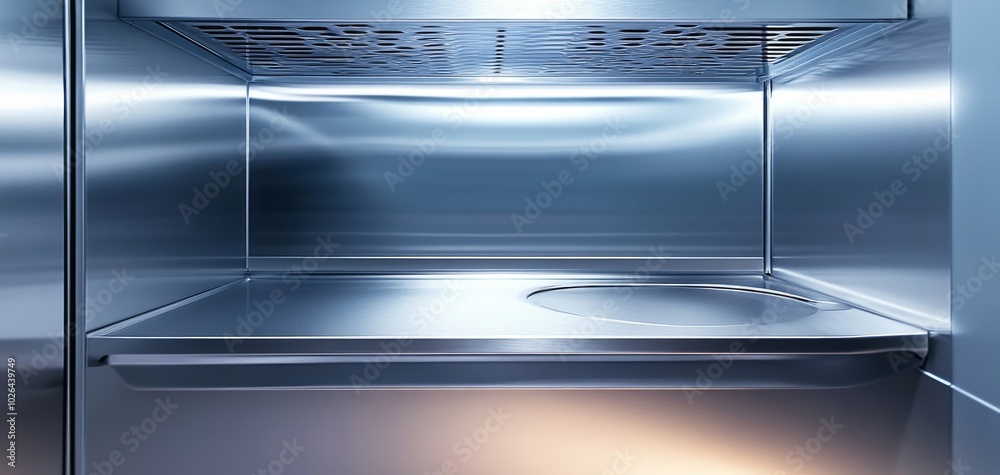 Obraz premium Empty stainless steel kitchen interior with well-lit workspace and smooth surfaces, ideal for food preparation or cooking.