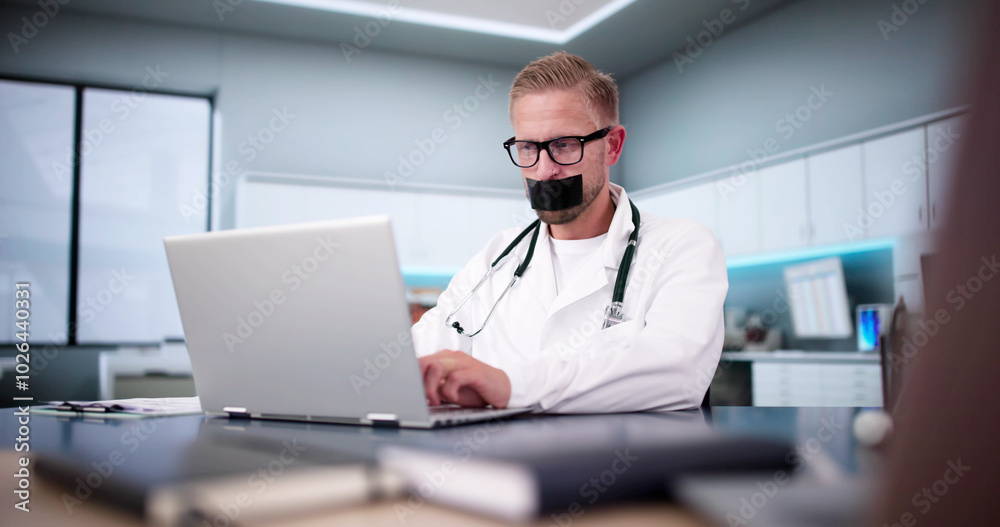Medical Doctor With Black Duct Tape Over His Mouth Medical Doctor With Black Duct Tape Over His Mouth