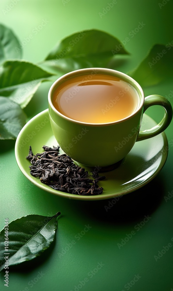Serene green tea in a speckled cup with loose black tea leaves on a matching saucer Serene green tea in a speckled cup with loose black tea leaves on a matching saucer
