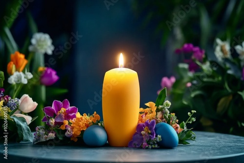 Close-up of an Easter candle, softly glowing in a church service, surrounded by flowers and symbols of renewal, marking the celebration of life and hope