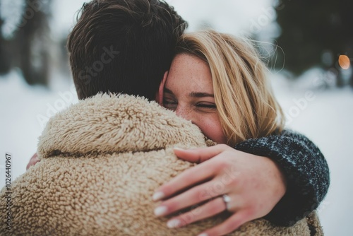 A joyful hug between a young couple in a snowy setting, showcasing warmth and intimacy in winter's embrace. photo