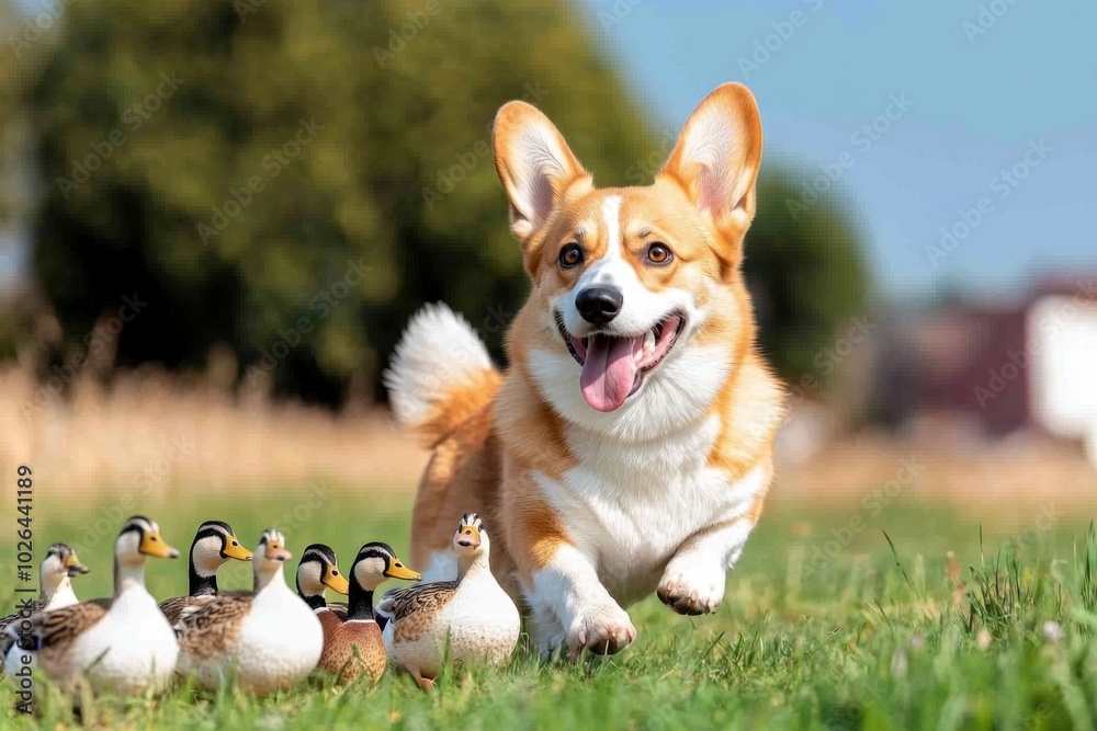 Corgi herding a small group of ducks, trotting confidently through a field, showing off its herding instincts in a playful setting Corgi herding a small group of ducks, trotting confidently through a field, showing off its herding instincts in a playful setting