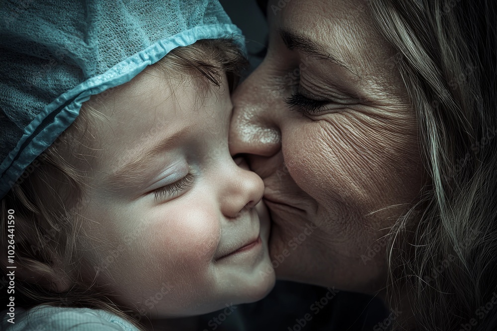 A joyful moment between a Caucasian grandmother and her young grandchild, sharing a loving kiss in a cozy setting. A joyful moment between a Caucasian grandmother and her young grandchild, sharing a loving kiss in a cozy setting.