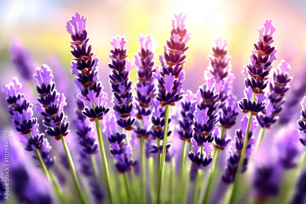 Naklejka premium Delicate watercolor scene of a lavender field, with gentle shades of purple and green, capturing the calming beauty of a blooming lavender landscape