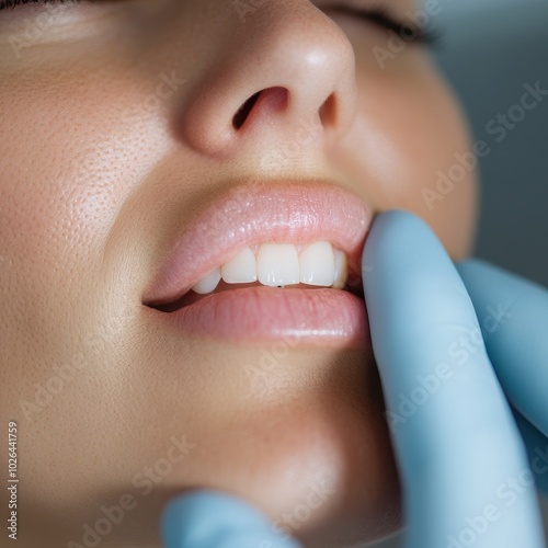 Woman in Dentist Office Holding Jaw in Pain photo