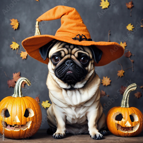 Cute pug dog wearing a witch's hat with several pumpkins on Halloween. generative ai