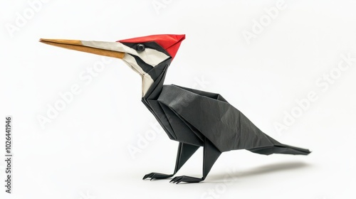 Animal concept origami isolated on white background of a ivory billed woodpecker - Campephilus principalis - a critically endangered or extinct species. simple starter craft for kids, with copy space photo