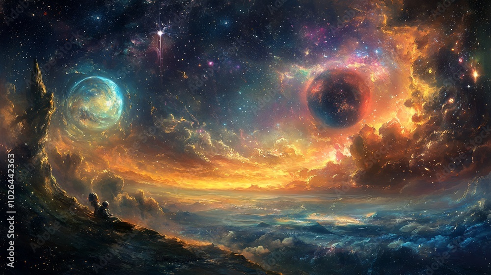 A lone figure contemplates the vastness of space, a cosmic landscape unfolding before them with swirling nebulae, distant planets, and a celestial tapestry of stars. A lone figure contemplates the vastness of space, a cosmic landscape unfolding before them with swirling nebulae, distant planets, and a celestial tapestry of stars.