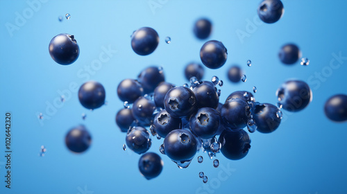 Dynamic Blueberries Falling on Bright Blue Background for Advertising