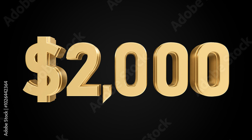 two thousand dollars with gold texture, 3D numbers, 3D dollar symbol