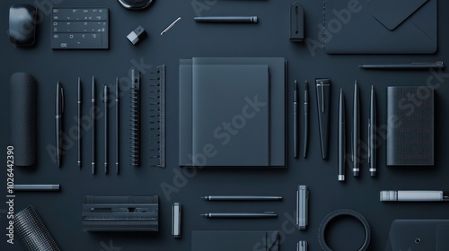 Black and White Office Supplies on a Dark Blue Background