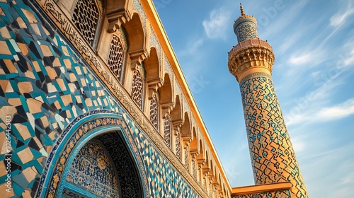 A low angle view of a mosque with intricate tilework. photo