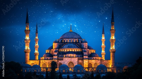 A majestic mosque illuminated at night, with a star-filled sky overhead.