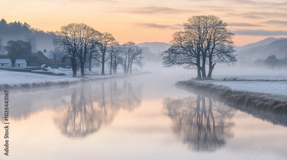 A misty sunrise over a snow-covered river with a quaint house and trees reflected in the water. A misty sunrise over a snow-covered river with a quaint house and trees reflected in the water.