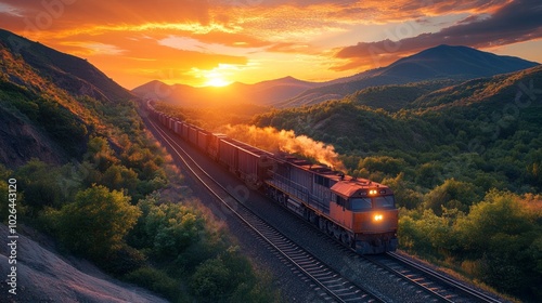 A train is traveling down a track with a beautiful sunset in the background