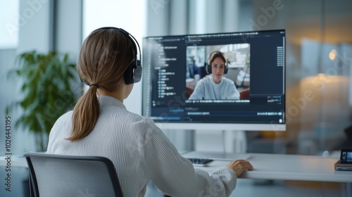 woman wearing headphones is engaged in video call on her computer, showcasing modern workspace with large monitor displaying another person. scene reflects remote collaboration and technology use in photo