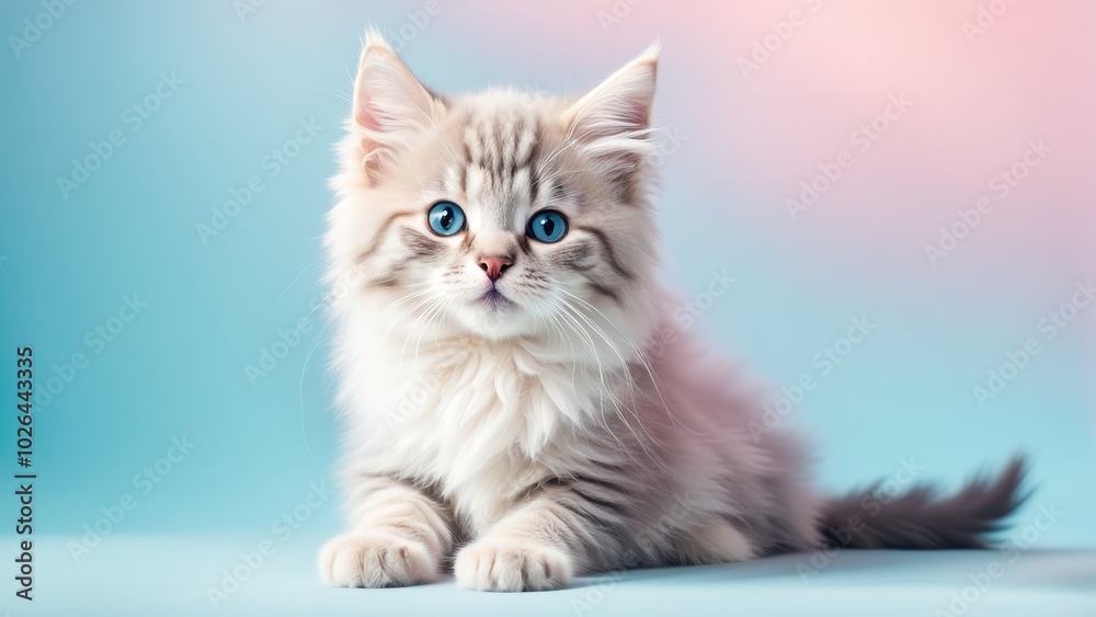 Fototapeta premium A fluffy cat with striking blue eyes poses against a soft gradient background.