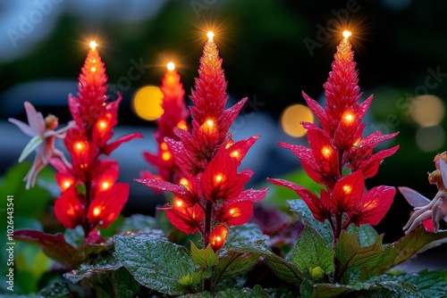 Fantasy garden filled with glowing red dead-nettle, where each flower sparkles with tiny orbs of light, and fairies flutter around the blossoms, tending to them photo