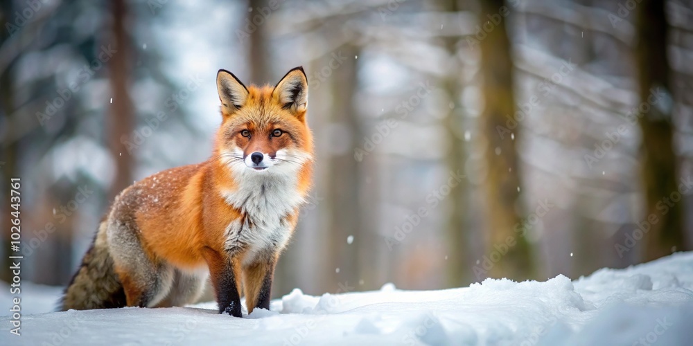 Panoramic red fox in snowy forest during winter hunt Panoramic red fox in snowy forest during winter hunt