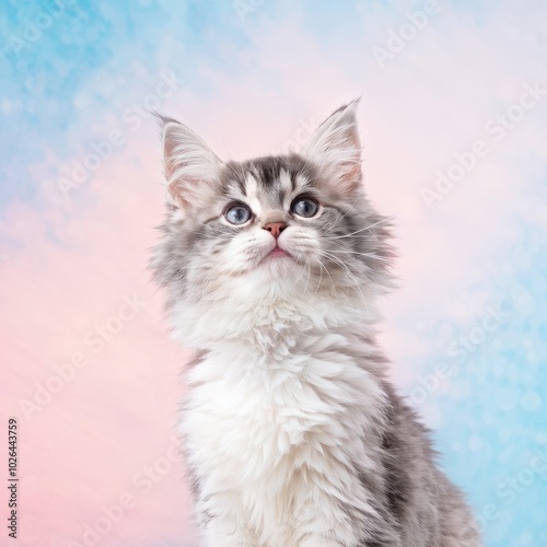 A fluffy gray kitten gazes upwards against a soft pastel background.