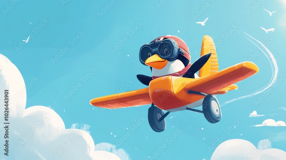 Animated penguin flying a toy airplane in the sky Animated penguin flying a toy airplane in the sky