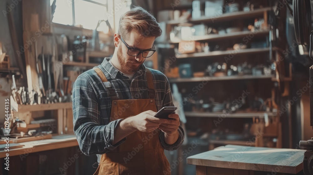 Fototapeta premium Carpenter man using mobile phone while working in a workshop.