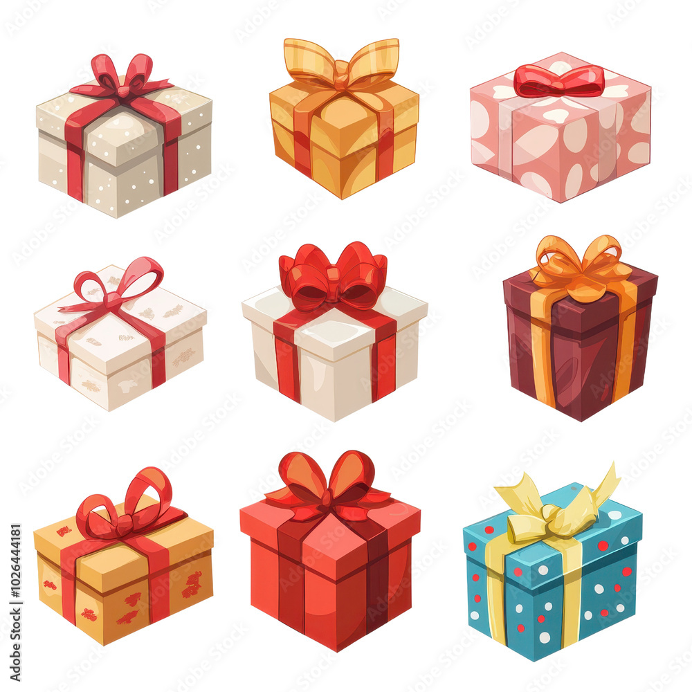 Fototapeta premium A collection of nine colorful gift boxes with various designs and ribbons, perfect for celebrations and special occasions.
