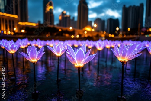 Futuristic city park filled with glowing purple archangel plants, where the flowers are part of a renewable energy system, generating light and power for the surrounding urban area photo