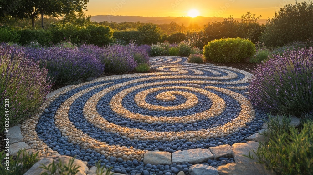 A Stone Spiral Path through Lavender and Sunset Landscape A Stone Spiral Path through Lavender and Sunset Landscape