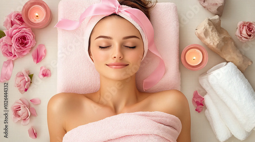 woman enjoying relaxing massage surrounded by pink roses, candles, and soft towels, creating serene and tranquil atmosphere