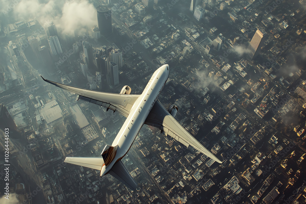 Naklejka premium A highangle view of a cargo plane flying over a large city, transporting goods across long distances