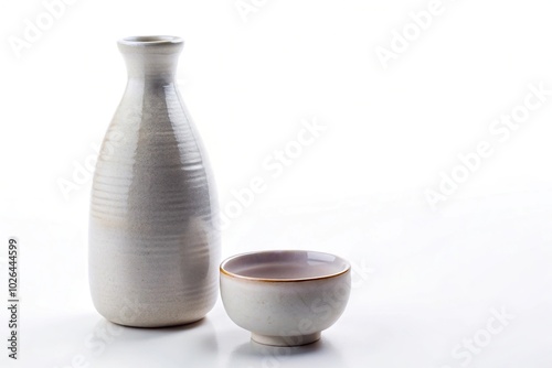 panoramic sake bottle and cup isolated on white background