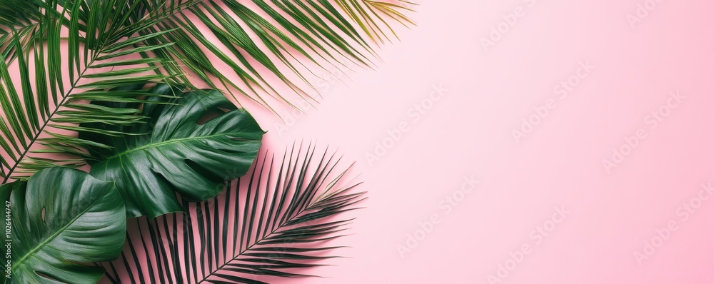 Lush green palm leaves on a soft pink background creating a tropical and vibrant atmosphere Lush green palm leaves on a soft pink background creating a tropical and vibrant atmosphere