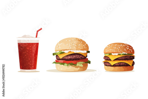 Illustration of a soda, cheeseburger, and hamburger on a transparent background. perfect for fast-food-themed designs and advertising. photo