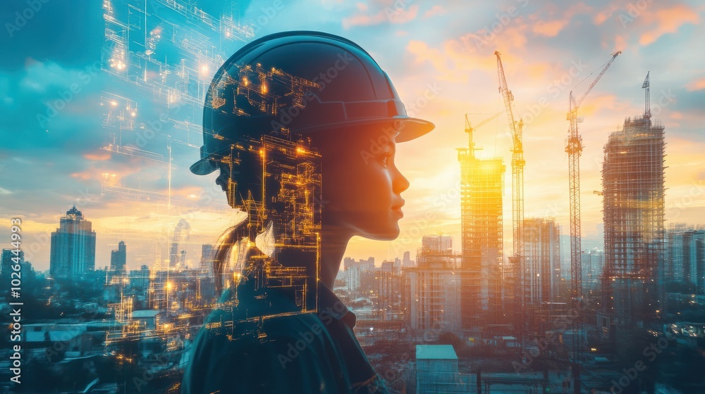 Construction engineering project concept with double exposure graphic design. Building engineer, architect people or construction worker working with modern civil equipment Construction engineering project concept with double exposure graphic design. Building engineer, architect people or construction worker working with modern civil equipment
